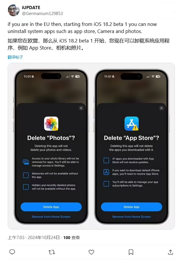 阿拉尔农场苹果手机维修分享iOS 18.2 支持删除 App Store 应用商店 