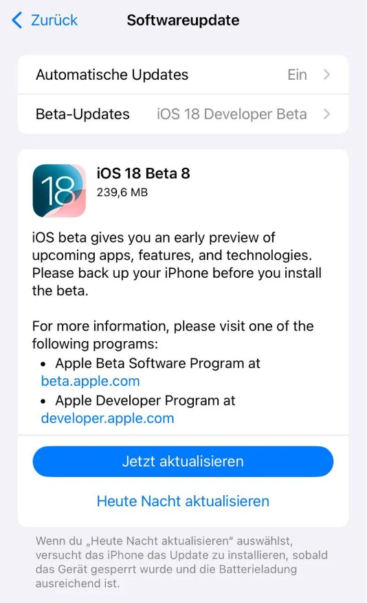 阿拉尔农场苹果手机维修分享苹果 iOS / iPadOS 18 开发者预览版 Beta 8 发布 